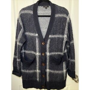 J Crew V-Neck Cardigan Sweater Small Wool Blend Navy Blue White Windowpane